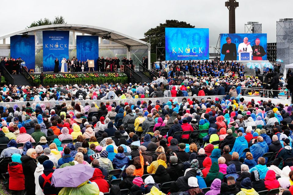 Pope Francis addresses the crowd as he arrives at Knock Shrine.
Pic Steve Humphreys
26th August 2018
