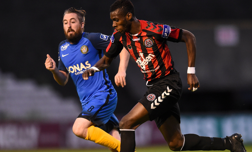 Ismahil Akinade of Bohemians in action against Mark Salmon of Bray Wanderers. Photo: Sportsfile