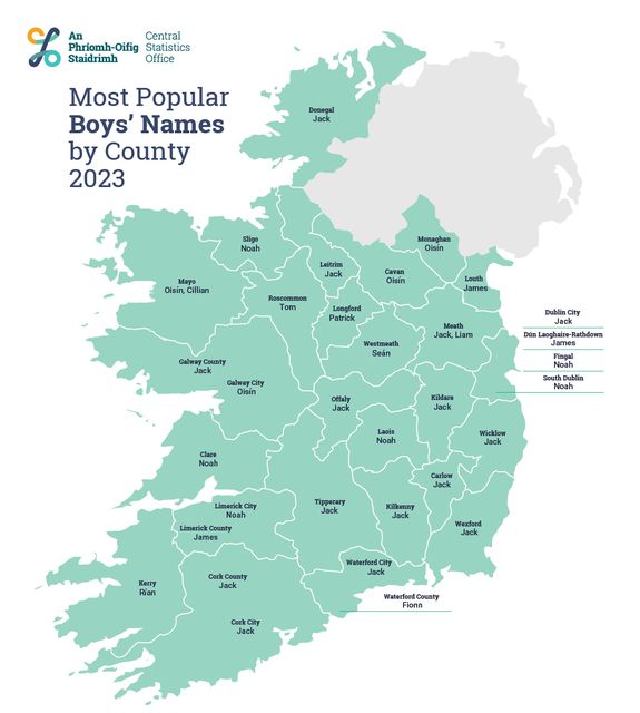 The most popular boys' names by county in 2023. Image: CSO