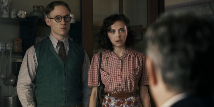 Jan and Miep Gies, played by Joe Cole and Bel Powley, are visited by Mr Van Pels, played by Andy Nyman