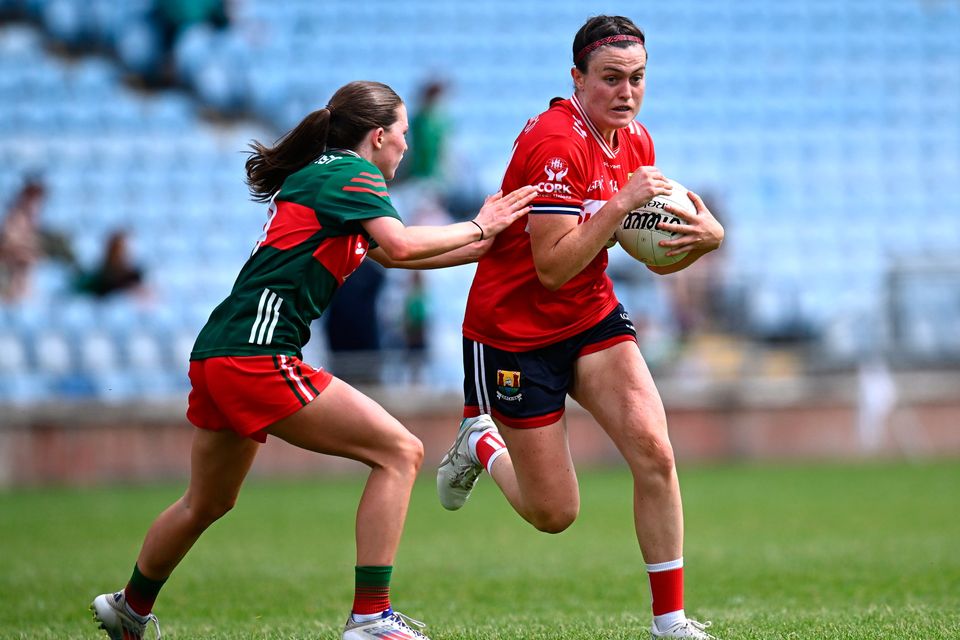 Hannah Looney of Cork in action against Ciara Durkin of Mayo during the TG4 All-Ireland Ladies Football Senior Championship Group 2 match at Hastings Insurance MacHale Park in Castlebar, Mayo. Photo: Piaras Ó Mídheach/Sportsfile