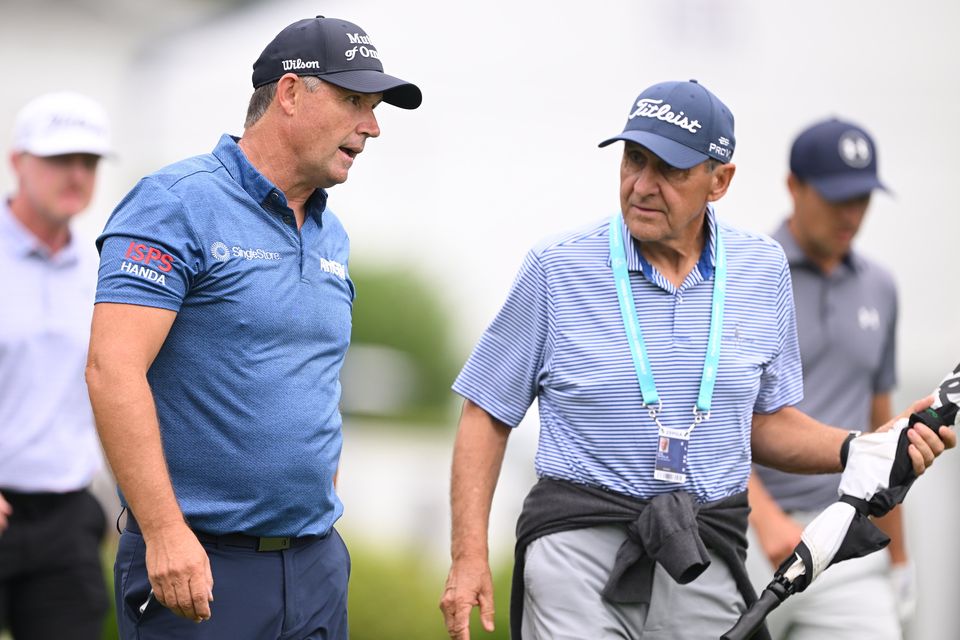 Pádraig Harrington walks the course with Dr Bob Rotella prior to the PGA Championship at Quail Hollow. Photo: Ross Kinnaird/Getty