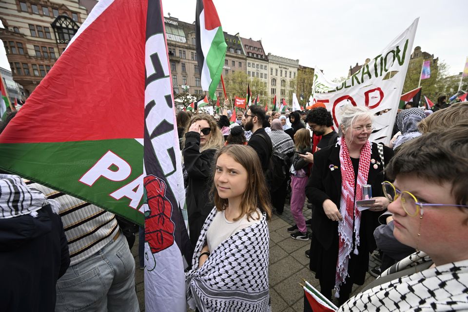 Climate activist Greta Thunberg takes part in a Stop Israel demonstration on Thursday (Johan Nilsson/TT News Agency via AP)