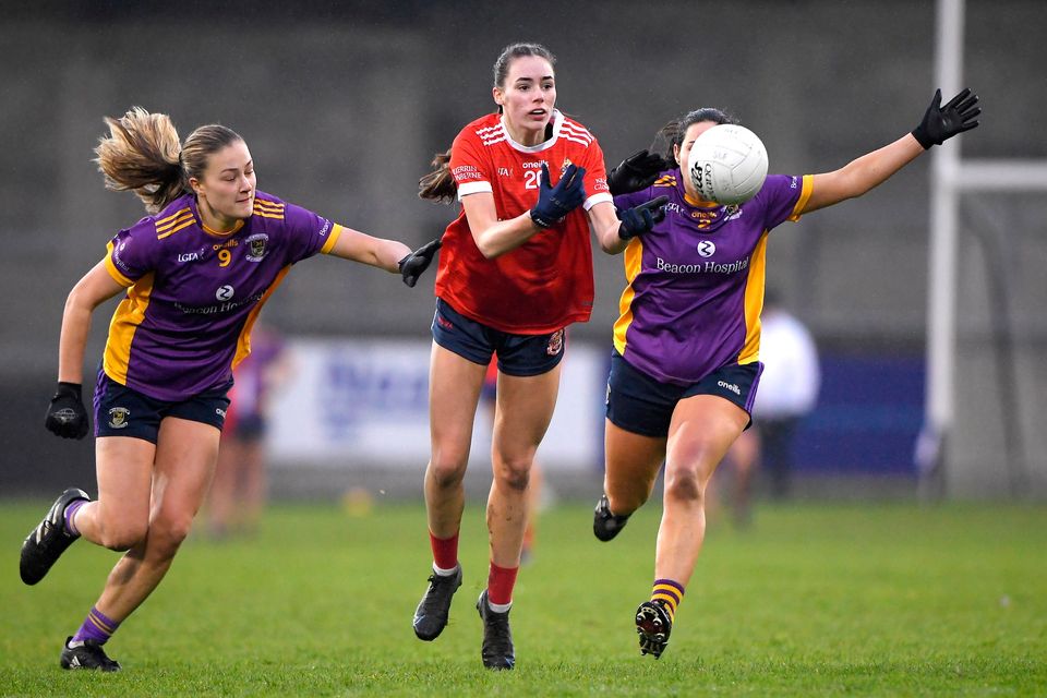 Kilkerrin-Clonberne's Aisling Madden finds a way past Grace Kos and Philippa Green of Kilmacud Crokes during the All-Ireland Ladies club SFC semi-final at Parnell Park on Sunday. Photo: Matt Browne/Sportsfile