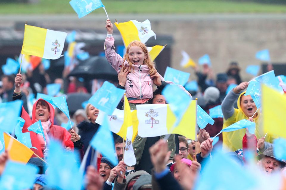 26/08/2018 A young girl waves a flag as pope Francis visited Knock Shrine as part of the World Meeting of Families. Pic credit; Damien Eagers / INM