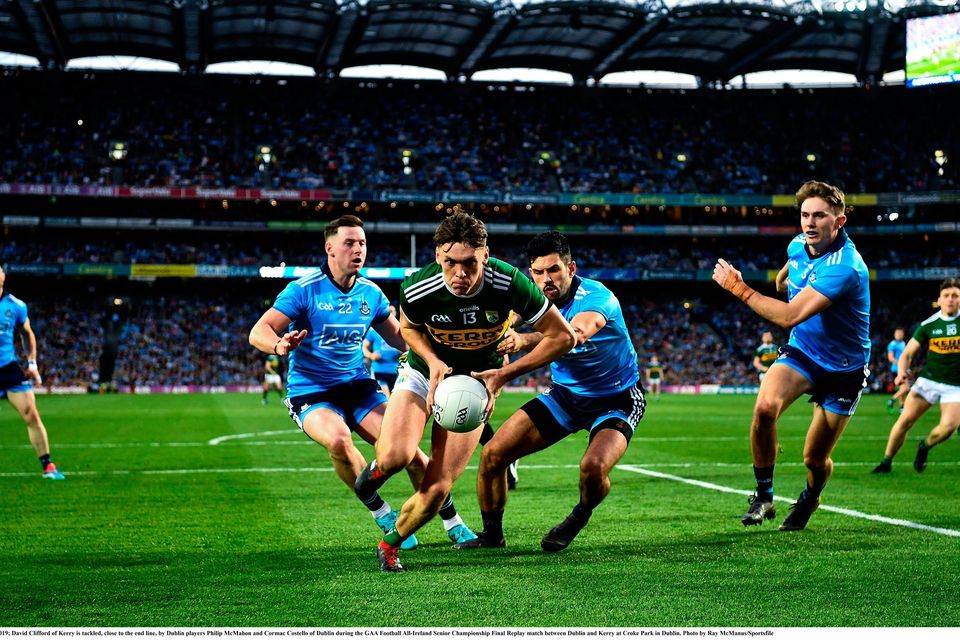 David Clifford of Kerry is tackled by Dublin players Philip McMahon and Cormac Costello during the 2019 All-Ireland Senior Football Championship Final replay at Croke Park. Photo by Ray McManus/Sportsfile