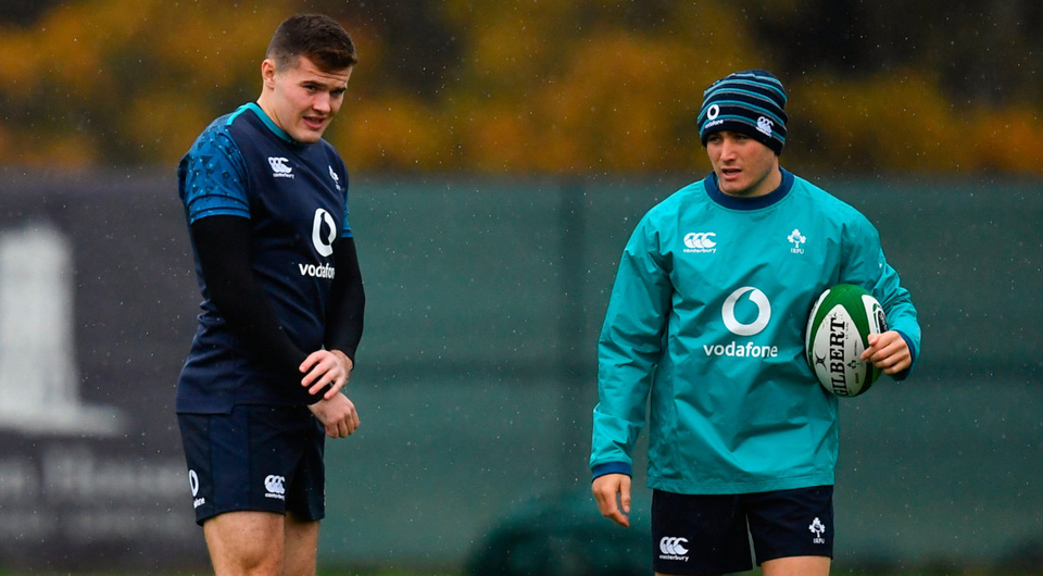 DYNAMIC DUO: Ireland’s Jacob Stockdale and Jordan Larmour during squad training at Carton House, Maynooth yesterday. Photo: Sportsfile