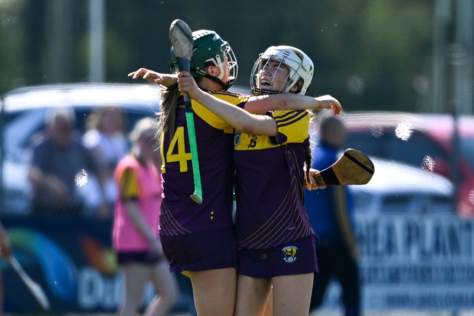 Wexford forwards Shauna Mac Sweeney and Abbie Doyle celebrate after the final whistle. Photo: Daire Brennan/Sportsfile