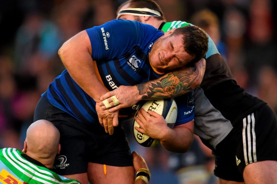 Leinster's Jack McGrath is tackled by Harlequins pair George Robson and Joe Marler during their European Rugby Champions Cup clash at Twickenham Stoop. Photo: Stephen McCarthy / SPORTSFILE