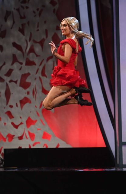 Donegal Rose Niamh Shevlin on stage at the Kerry Sports Academy, MTU, with Dáithí Ó’Sé during the Rose of Tralee last night. Photo: Domnick Walsh