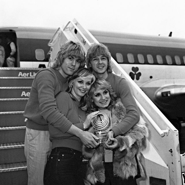 Bucks Fizz arrive at Heathrow Airport in London in 1981 after winning the Eurovision Song Contest (PA)