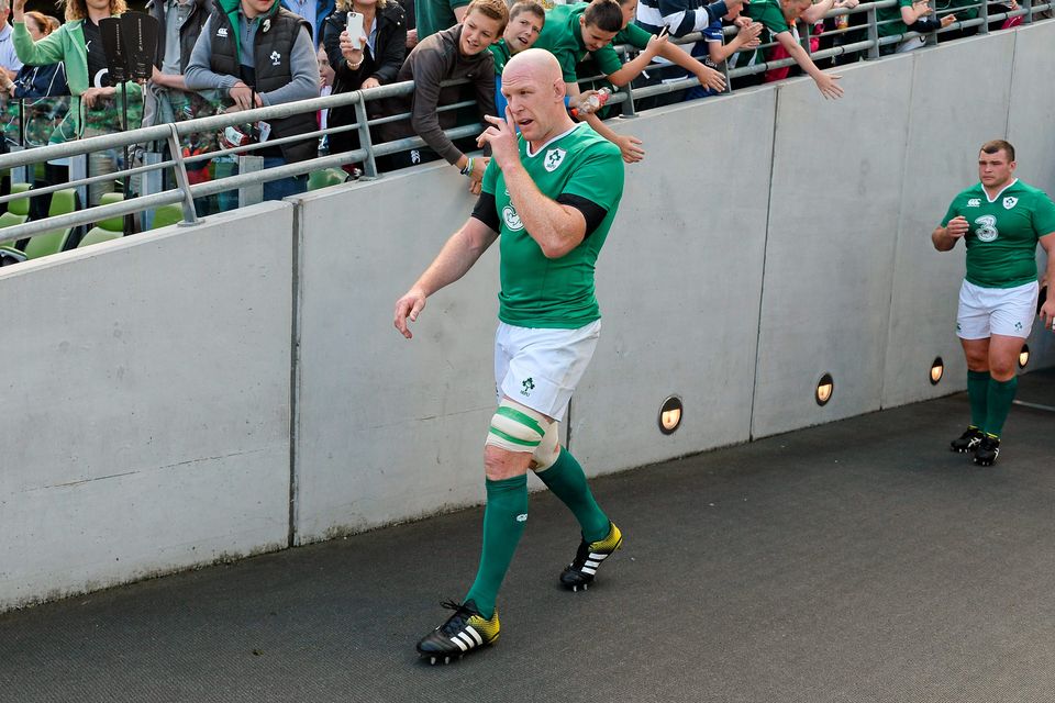 29 August 2015; Ireland captain Paul O'Connell leads his team out for his last home game in the Aviva Stadium. Rugby World Cup Warm-Up Match, Ireland v Wales, Aviva Stadium, Lansdowne Road, Dublin. Picture credit: Brendan Moran / SPORTSFILE