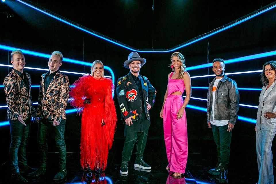 The Big Deal judges, from left, Jedward, Lyra, Boy George, presenter Vogue Williams, Aston Merrygold and Deirdre O’Kane. Photo: Kyran O’Brien