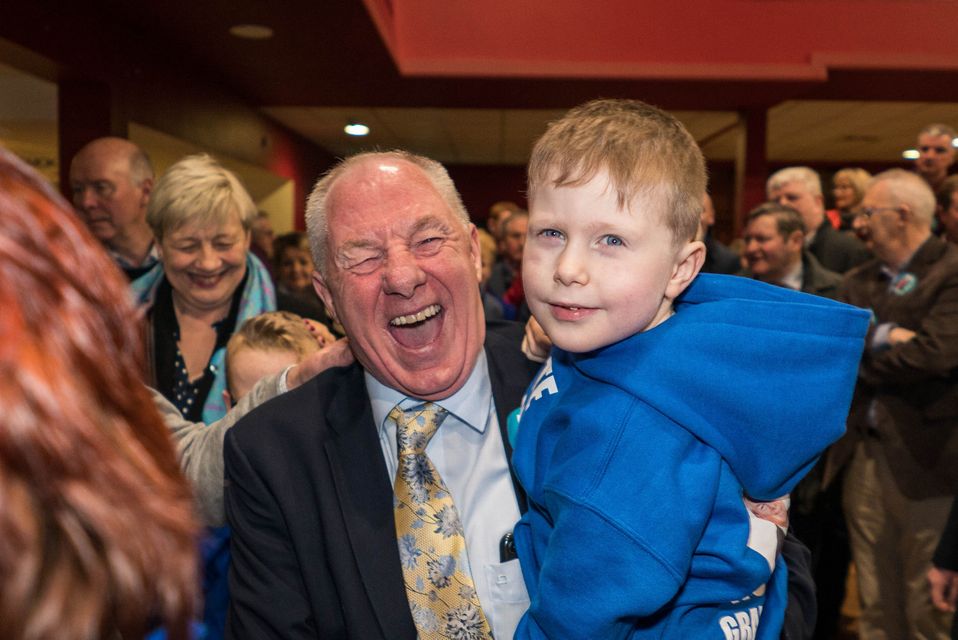 Michael Ring with his grandson Ben Bourke (5) at the count centre in Castlebar, Co Mayo. Photo: Keith Heneghan