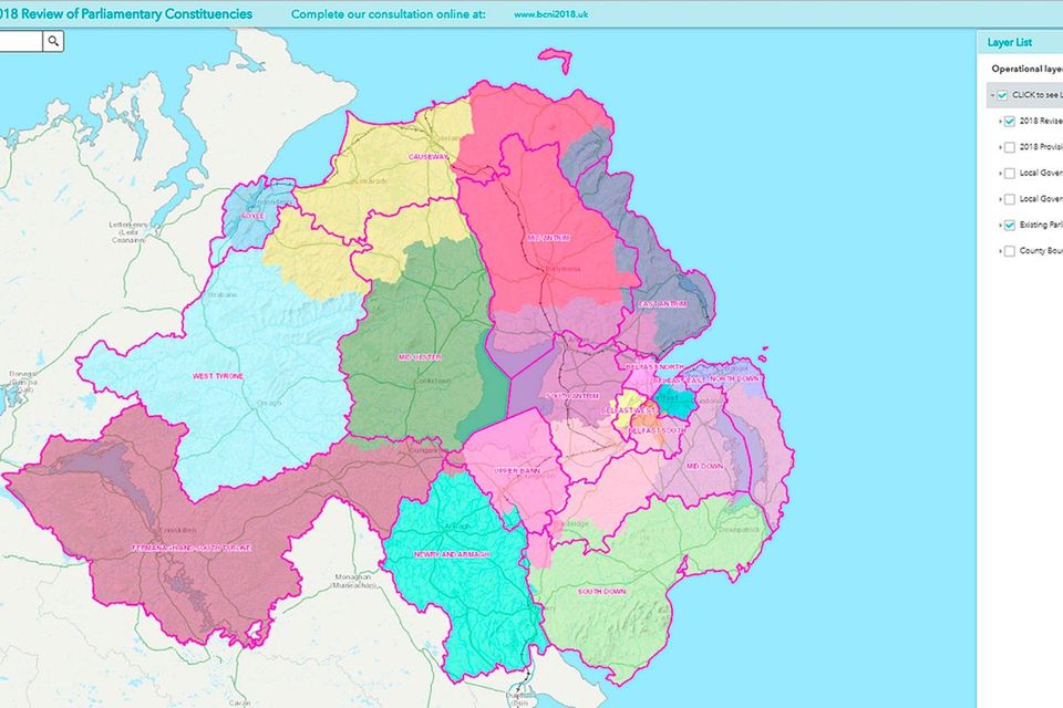 Screen grabbed image taken from the Boundary Commission for Northern Ireland website of a revised proposal for the electoral boundaries in Northern Ireland which has been significantly altered, with Belfast now set to retain its four seats, according to an official map obtained by the Press Association. Boundary Commission for Northern Ireland/PA Wire