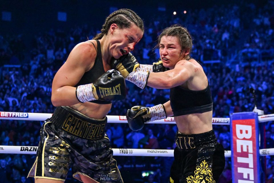 Katie Taylor (right) and Chantelle Cameron during their undisputed super lightweight championship bout at the 3Arena in Dublin last month. Photo: Stephen McCarthy/Sportsfile
