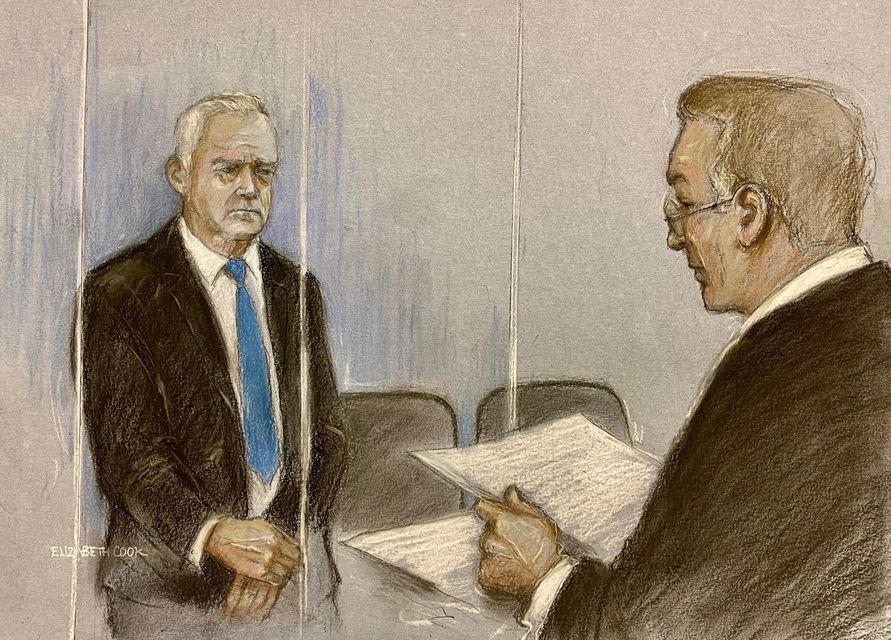 An artist’s impression of former BBC broadcaster Huw Edwards, left, with chief magistrate Judge Paul Goldspring (Elizabeth Cook/PA)