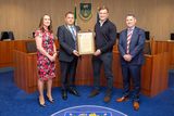 thumbnail: Cathaoirleach of the Wicklow Municipal District Paul O'Brien, CEO of Wicklow County Council Emer O' Gorman and Brian Gleeson present Josh Van Der Flier with the Cathaoirleach's Achievements and Contributions to Sport Award at a Civic Reception in Council Buildings, Wicklow town.