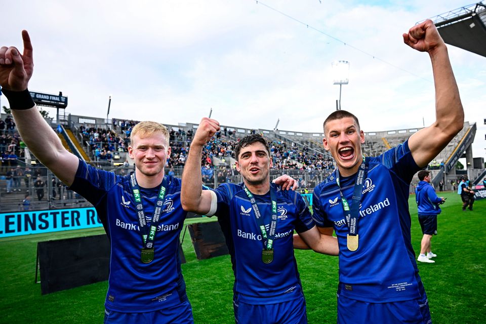 Leinster players (from left) Jamie Osborne, Jimmy O'Brien and Sam Prendergast celebrate after the URC final in Dublin. Photo: Brendan Moran/Sportsfile