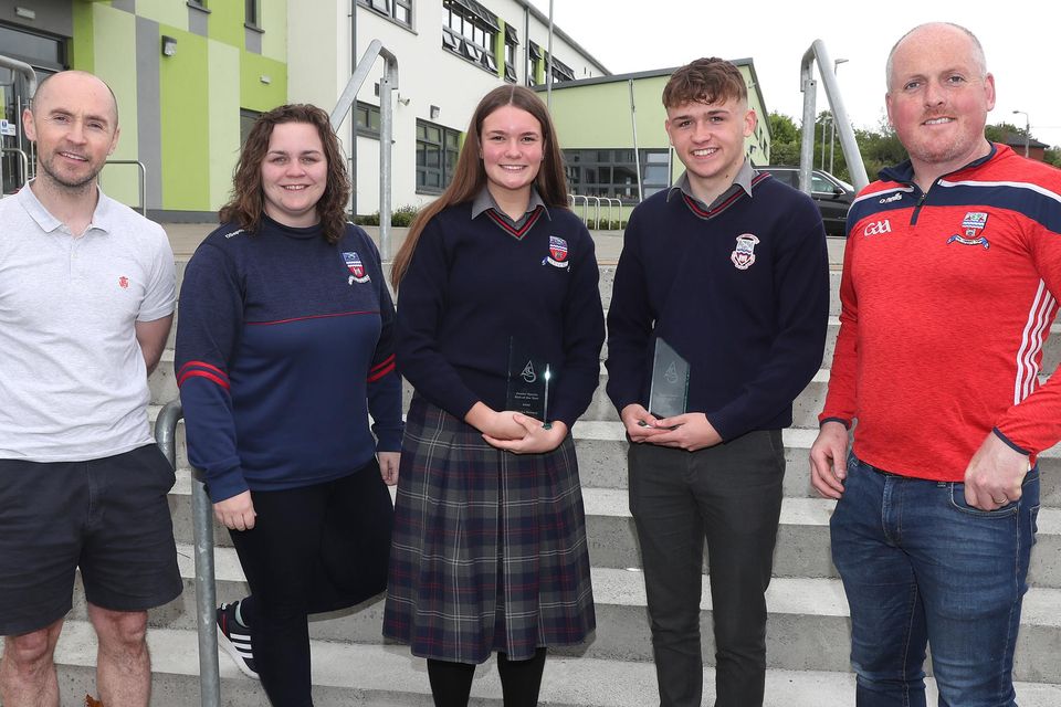 Junior Sports People of the year are Mischa Rooney and Adam Gillespie pictured with teachers Mr. Gollogly, Ms. Kirk and Mr. Durnin.
