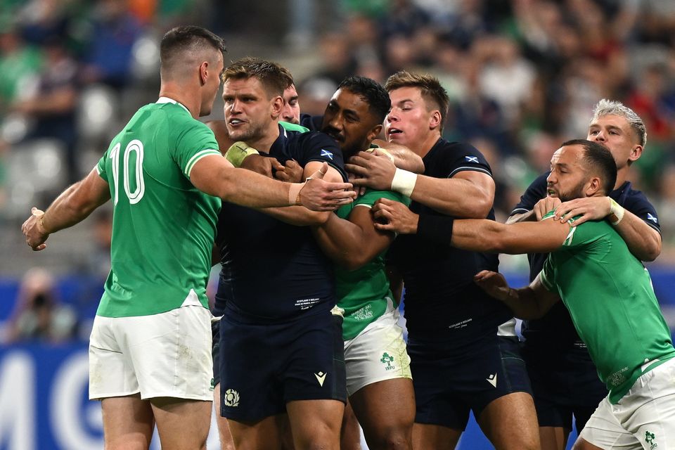 George Turner of Scotland gets into a tussle with Johnny Sexton of Ireland during the Rugby World Cup Pool B match at the Stade de France last October. Photo: Brendan Moran/Sportsfile