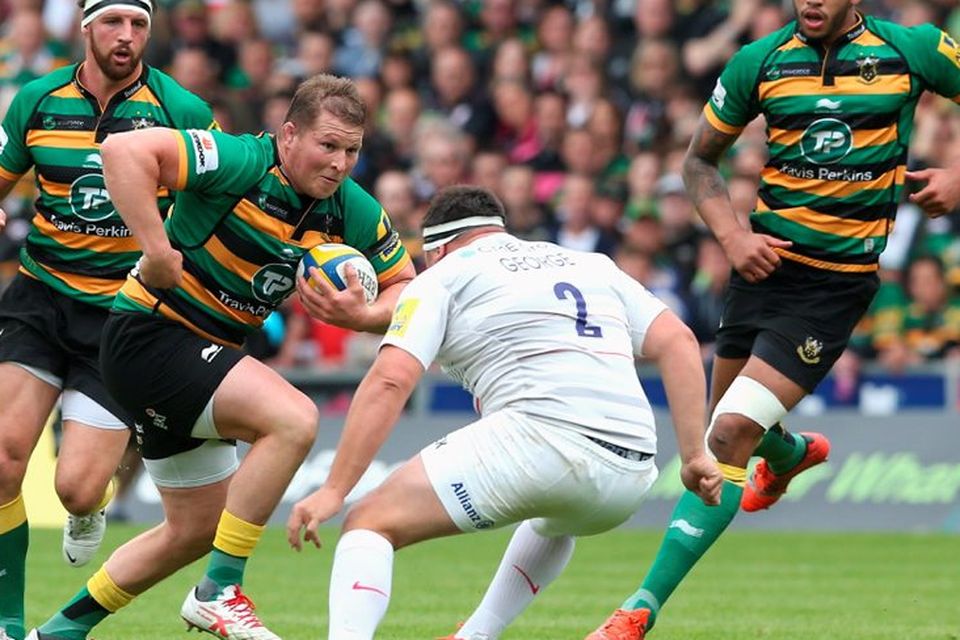 NORTHAMPTON, ENGLAND - MAY 23:  Dylan Hartley of Northampton takes on Jamie George during the Aviva Premiership play off semi final match between Northampton Saints and Saracens at Franklin's Gardens on May 23, 2015 in Northampton, England.  (Photo by David Rogers/Getty Images)