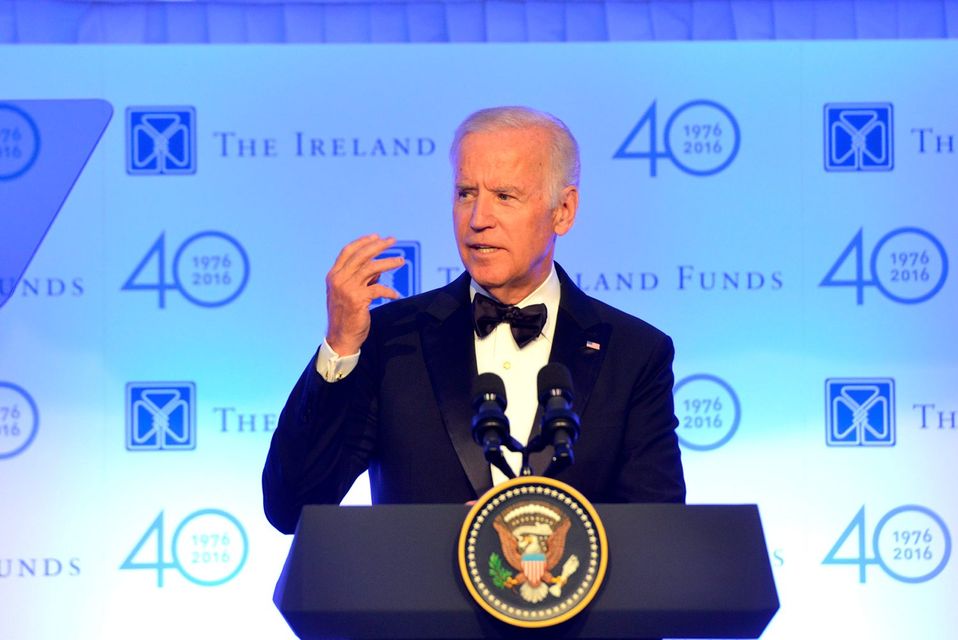 US Vice President Joe Biden addresses attendees during the Ireland Fund’s 40th Anniversary Gala Dinner at Trinity College in Dublin, Ireland Credit: Barbara Lindberg