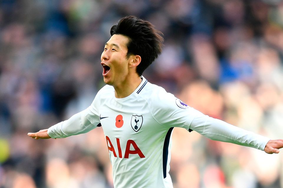 Heung-Min Son of Tottenham Hotspur celebrates scoring his sides first goal during the Premier League match between Tottenham Hotspur and Crystal Palace at Wembley Stadium on November 5, 2017 in London, England.  (Photo by Michael Regan/Getty Images)