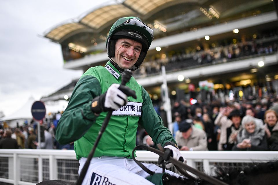 ockey Patrick Mullins celebrates aboard Jasmin De Vaux after winning the Weatherbys Champion Bumper on day two of the Cheltenham Festival. Photo by David Fitzgerald/Sportsfile