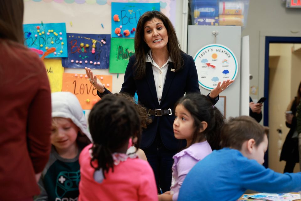 Republican presidential candidate former UN ambassador Nikki Haley at the Polaris Charter School yesterday in Manchester, New Hampshire. Haley continues to campaign across the state. Photo: Getty