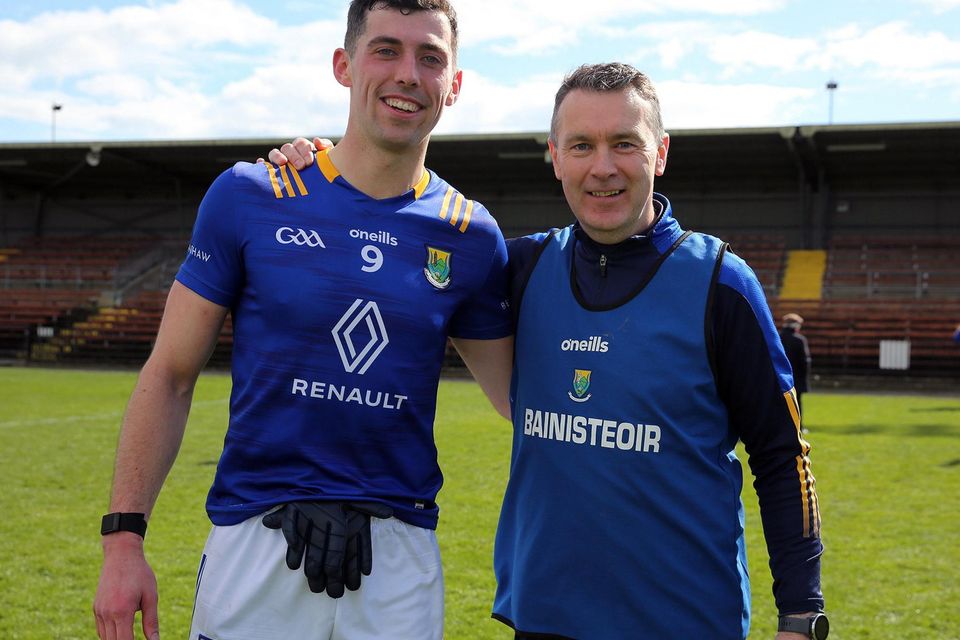 Captain Padraig O'Toole and manager Oisin McConville after Wicklow's win in the final round of the Allianz Division 4 Football League at Fraher Field, Dungarvan. Photo: Dave Barrett