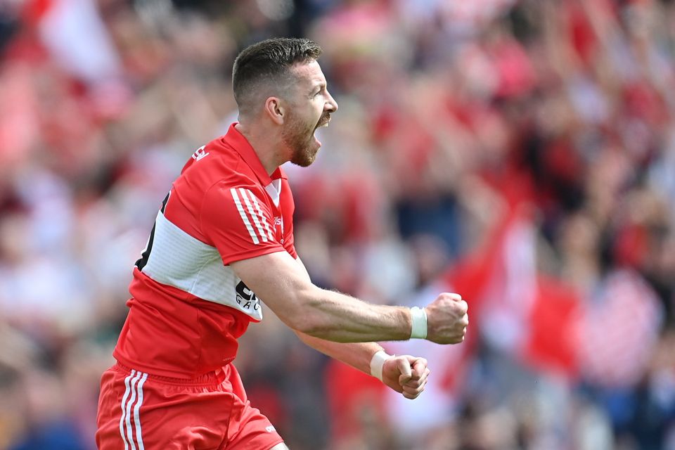 Niall Loughlin of Derry celebrates after scoring a goal against Donegal. Photo by Ramsey Cardy/Sportsfile