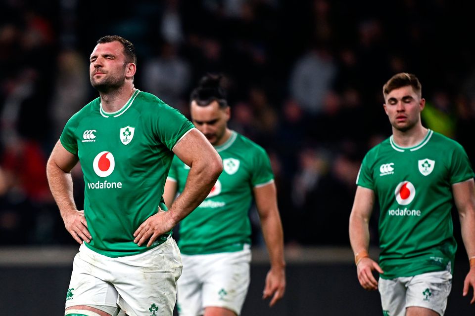 Tadhg Beirne (left) shows the pain of defeat after the narrow Six Nations loss to England at Twickenham. Photo: Harry Murphy/Sportsfile