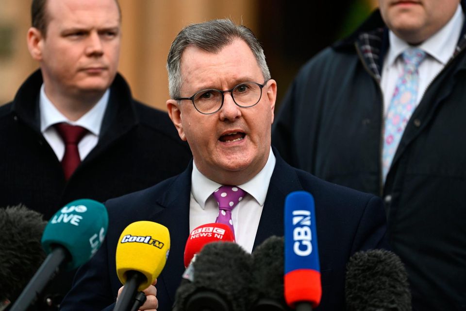 DUP leader Sir Jeffrey Donaldson speaks to the media. Photo: Getty Images