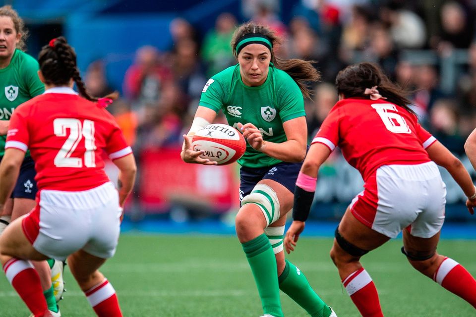 Ireland’s Nichola Fryday is tackled by Georgia Evans of Wales at Cardiff Arms Park. Photo: Mark Lewis/Sportsfile