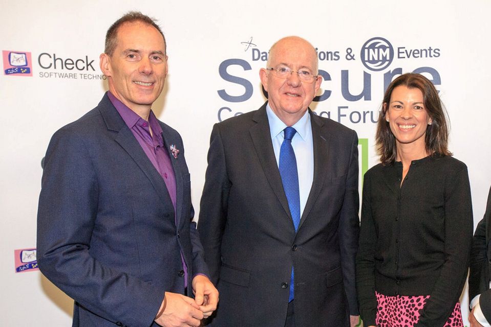 Minister Charlie Flanagan who opened the Secure Computing Forum 2019 pictured with Michael O’Hora, Group Managing Director Data Solutions and Roberta McCrossan, group marketing director of data solution. Photo: Mark Condren