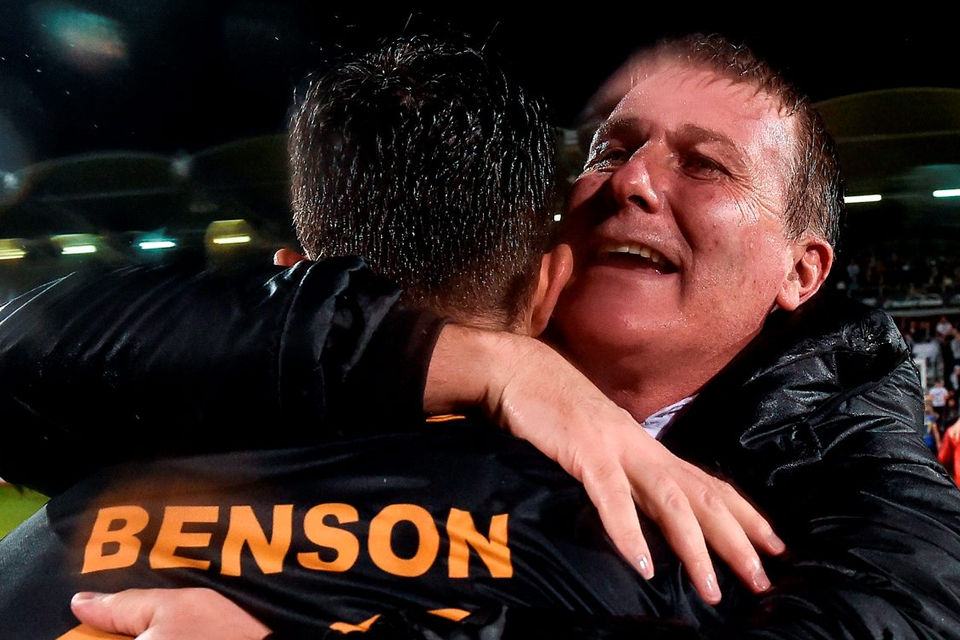 Dundalk manager Stephen Kenny celebrates with Robbie Benson. Photo: David Maher/Sportsfile