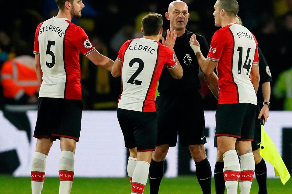 Southampton's Cedric Soares, Jack Stephens and Oriol Romeu appeal to referee Roger East at the end of the match