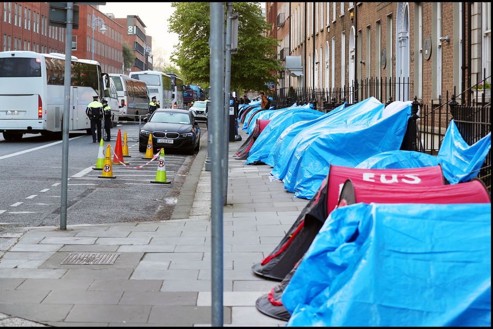 Some of the tents that were put up for migrants in the Mount Street area of Dublin. Photo: Steve Humphreys