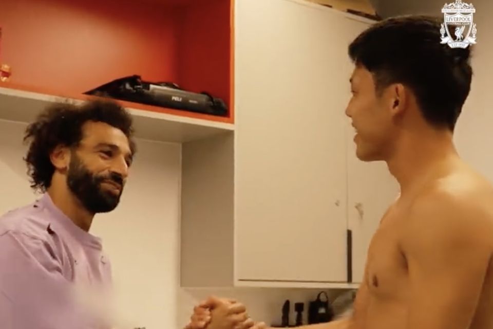 WATCH: Mo Salah's first meeting with Liverpool new boy Wataru Endo |  Independent.ie