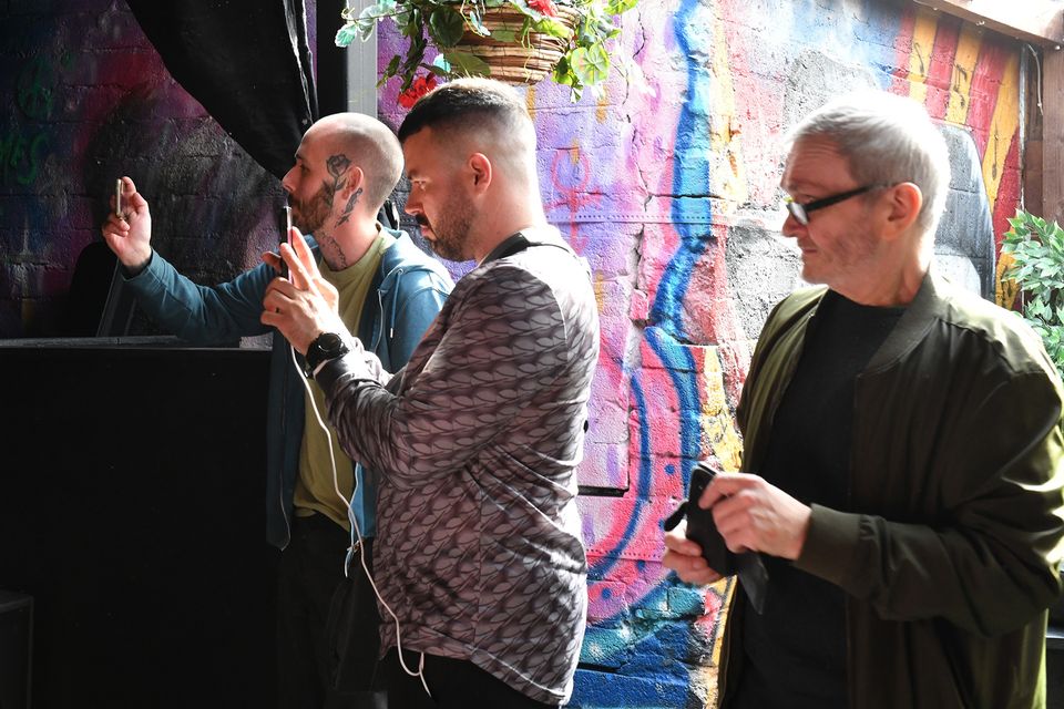 Getting their pictures in Toale's Music Venue. Photo: Ken Finegan/www.newspics.ie