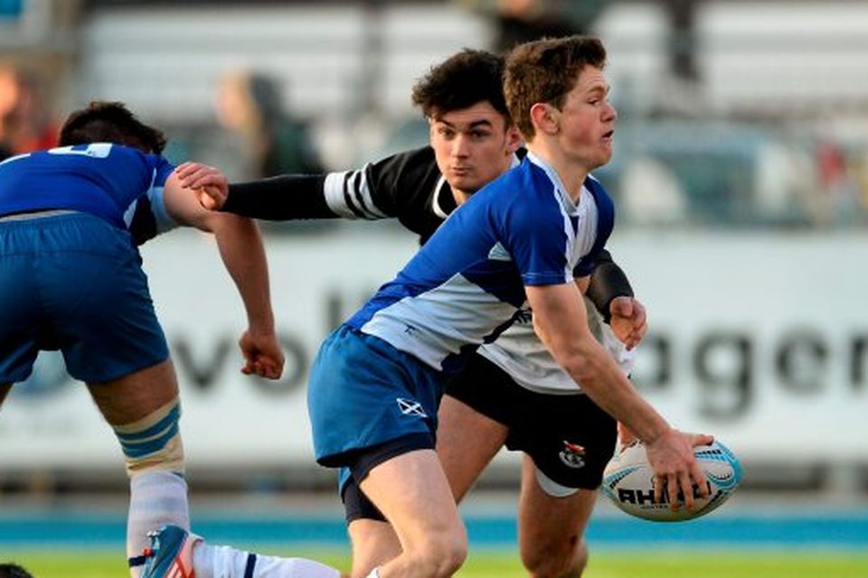 James Black, St. Andrew's College, is tackled by Robert Buckley, Newbridge College. Bank of Ireland Leinster Schools Senior Cup, 2nd Round, St. Andrew's College v Newbridge College, Donnybrook Stadium, Donnybrook, Dublin