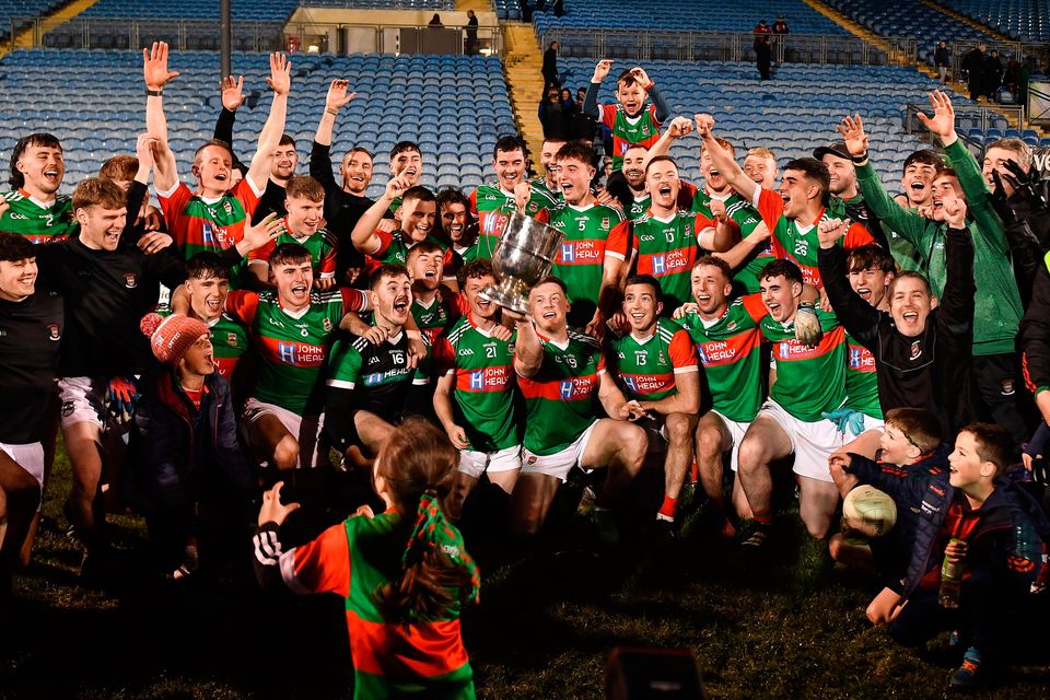 Ballina Stephenites celebrate with the Paddy Moclair Cup after their side's victory in the Mayo SFC final against Breaffy at MacHale Park in Castlebar. Photo: Piaras Ó Mídheach/Sportsfile