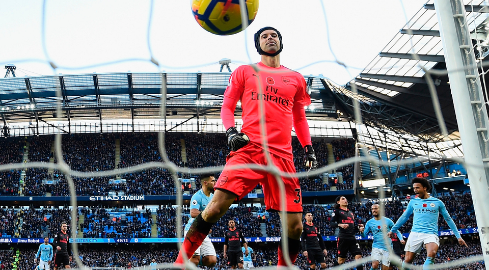 Petr Cech of Arsenal reacts to conceding a penalty from Sergio Aguero. Photo: Getty Images