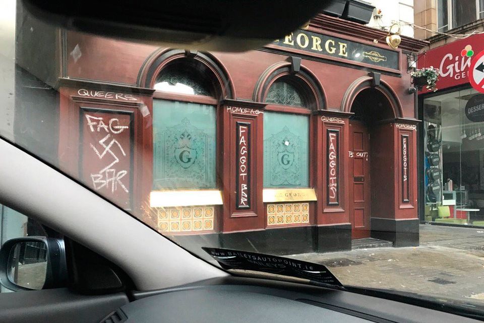 The George bar was vandalised with homophobic messages this morning. Photo: Gary Shaw/Twitter
