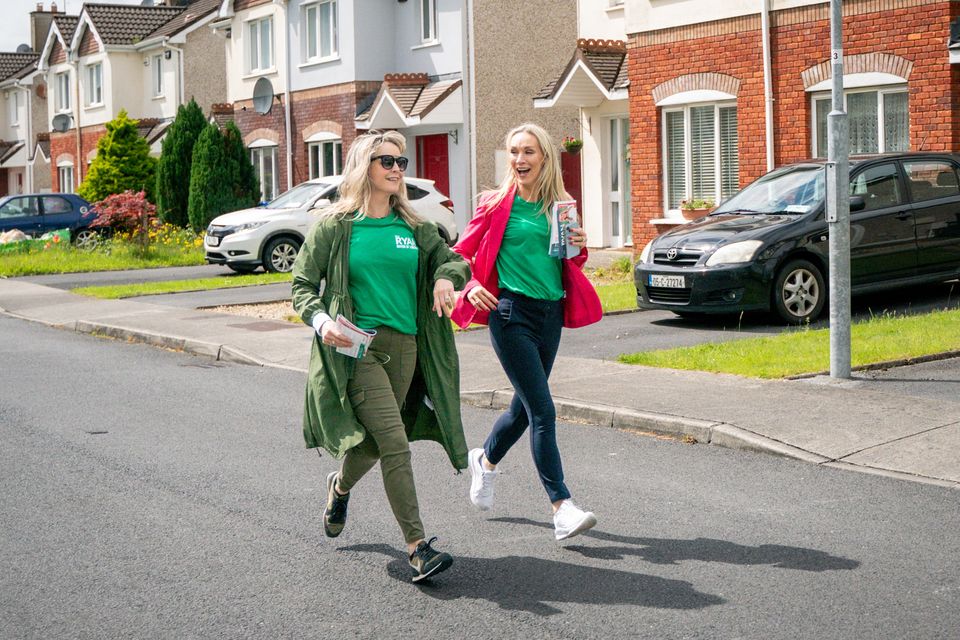 Limerick mayoral candidate Dee Ryan (right) with one of her campaign team canvassing in the Castletroy area of Limerick City. Photo: Don Moloney