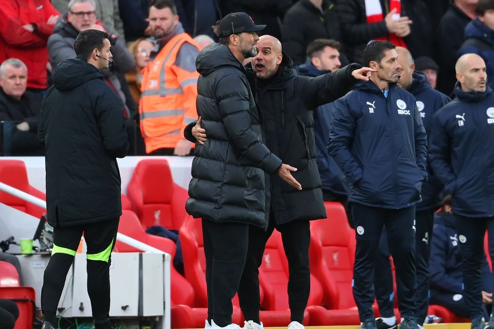 Jurgen Klopp and Pep Guardiola share a mutual respect, but the Man City boss will still be glad to see the back of the German. Photo: Laurence Griffiths/Getty Images