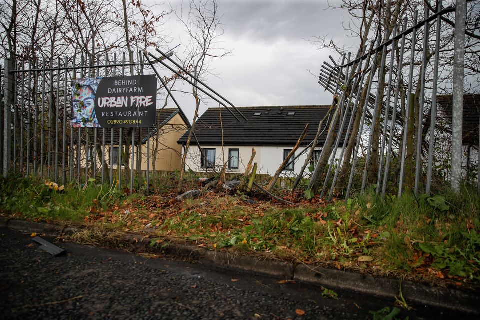 The aftermath of a west Belfast home after a car crashed into its garden.  Image: Aodhan Roberts/Belfast Telegraph.