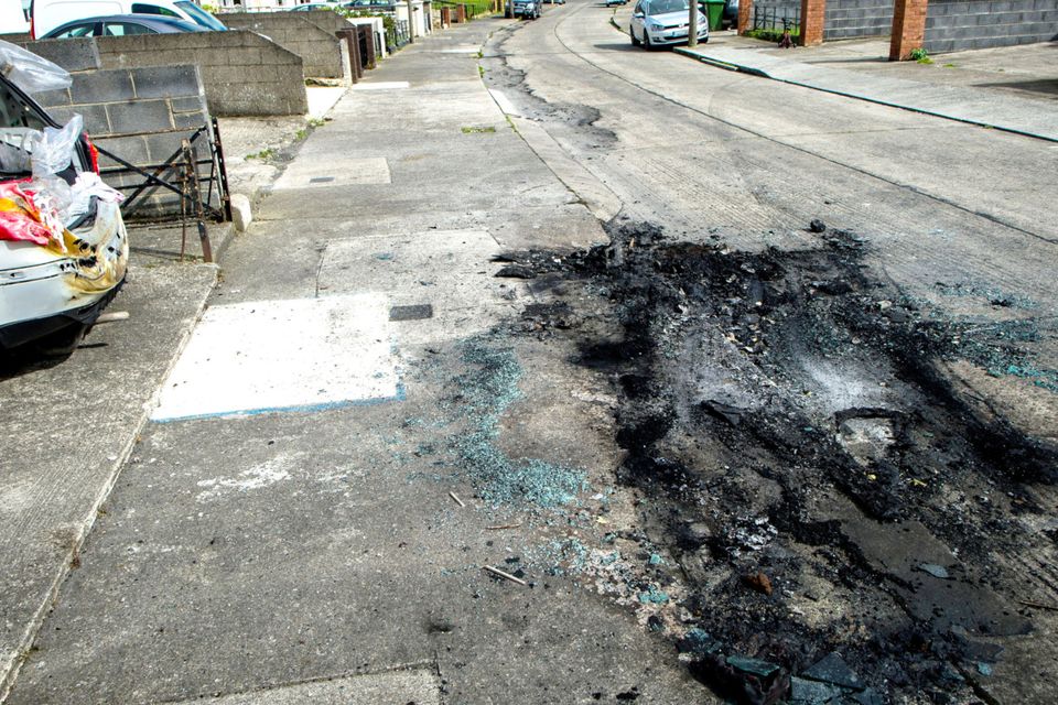 Scorch marks on the road at the scene. Photo: Douglas O'Connor/www.doug.ie