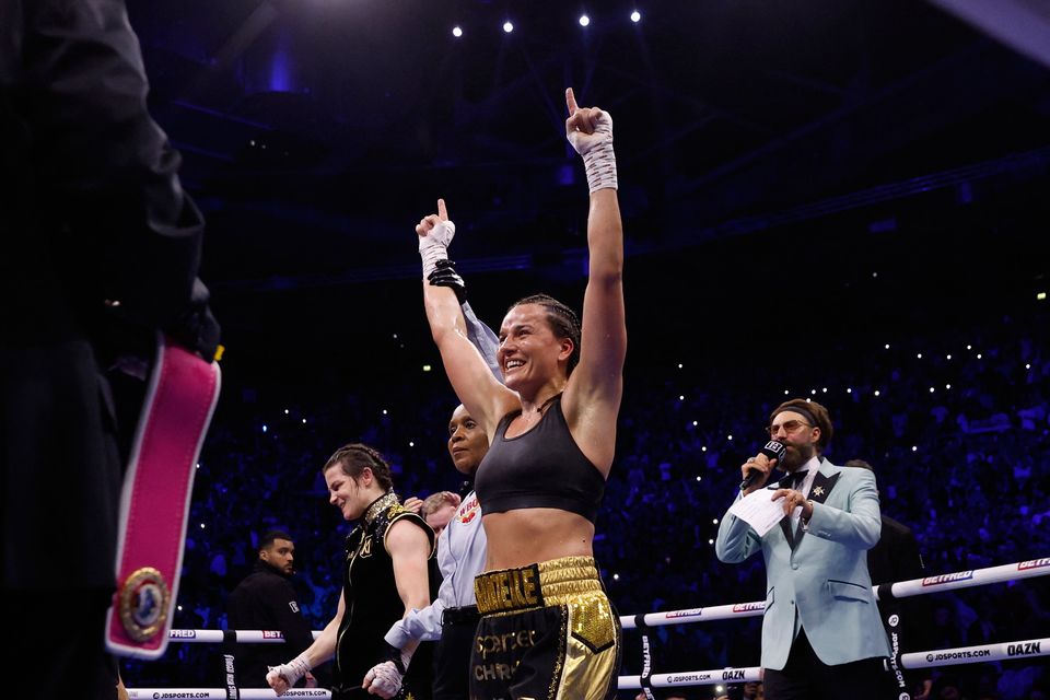 Chantelle Cameron celebrates after winning her fight against Katie Taylor. Action Images via Reuters/Jason Cairnduff